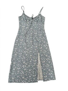 NWT Floral Blue and White Midi Dress With Side Slit and Tie Front Size L